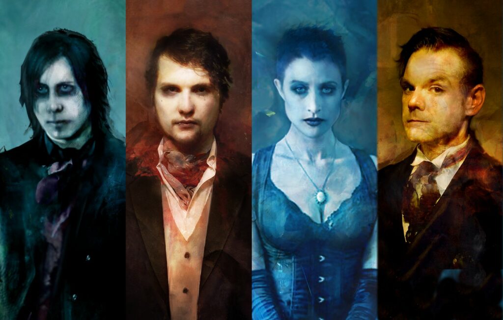 Portraits of the four members of The Marquis of Vaudeville, each with a distinct and stylized appearance. The first member on the left has long dark hair and a somber expression, set against a blue-green background. The second member has short dark hair and wears a suit with a red scarf, set against a warm brown background. The third member, a woman with short dark hair, wears a blue dress and a pendant, set against a cool blue background. The fourth member has short dark hair styled upwards and wears a suit with a cravat, set against a yellow-brown background. Each portrait has a painterly and dramatic effect.